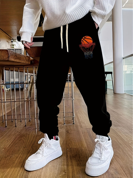 Basketball Print Men's Casual Sports Jogger With Drawstring For All Seasons Outdoor, Men's Leisurewear