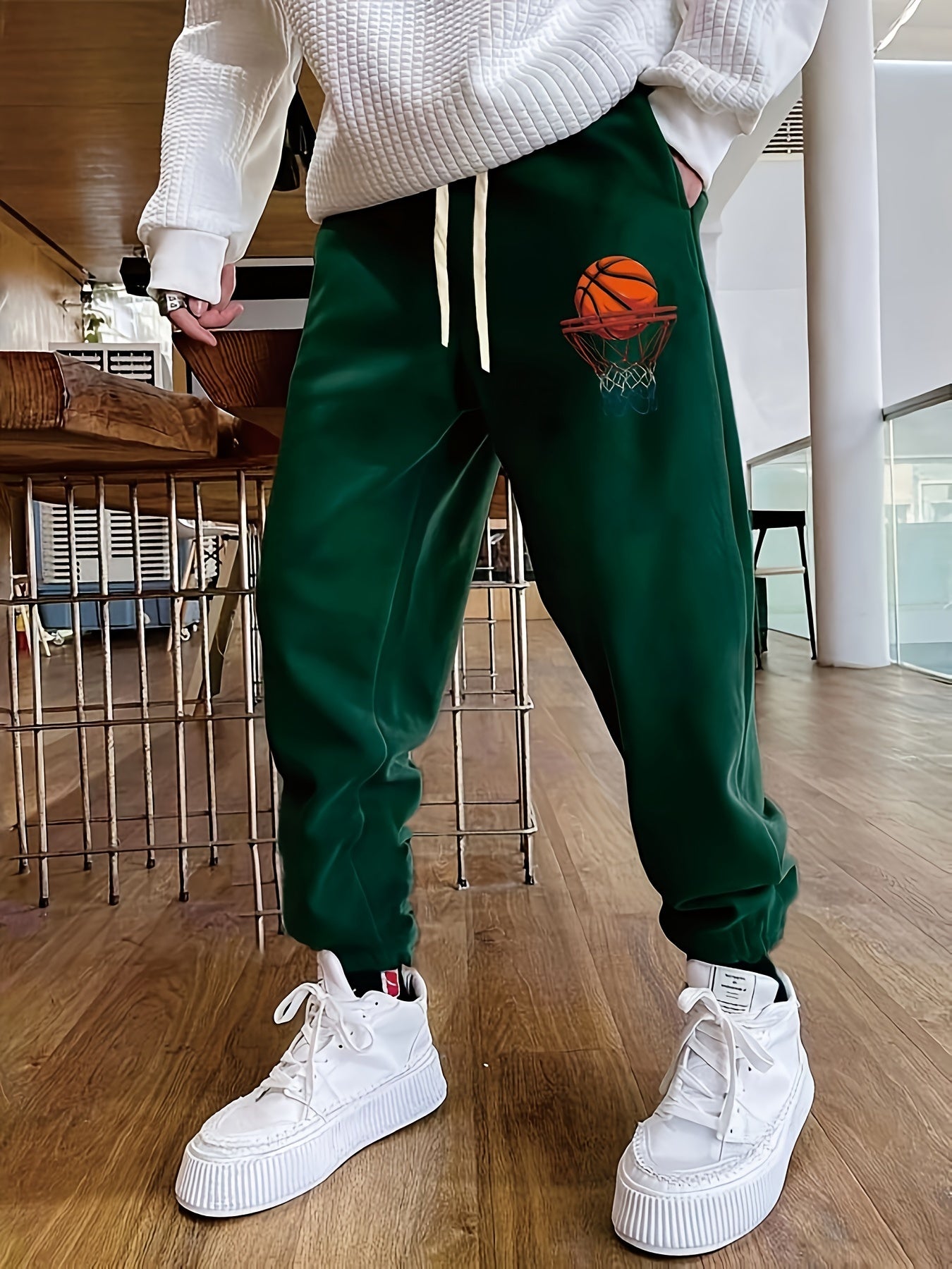 Basketball Print Men's Casual Sports Jogger With Drawstring For All Seasons Outdoor, Men's Leisurewear