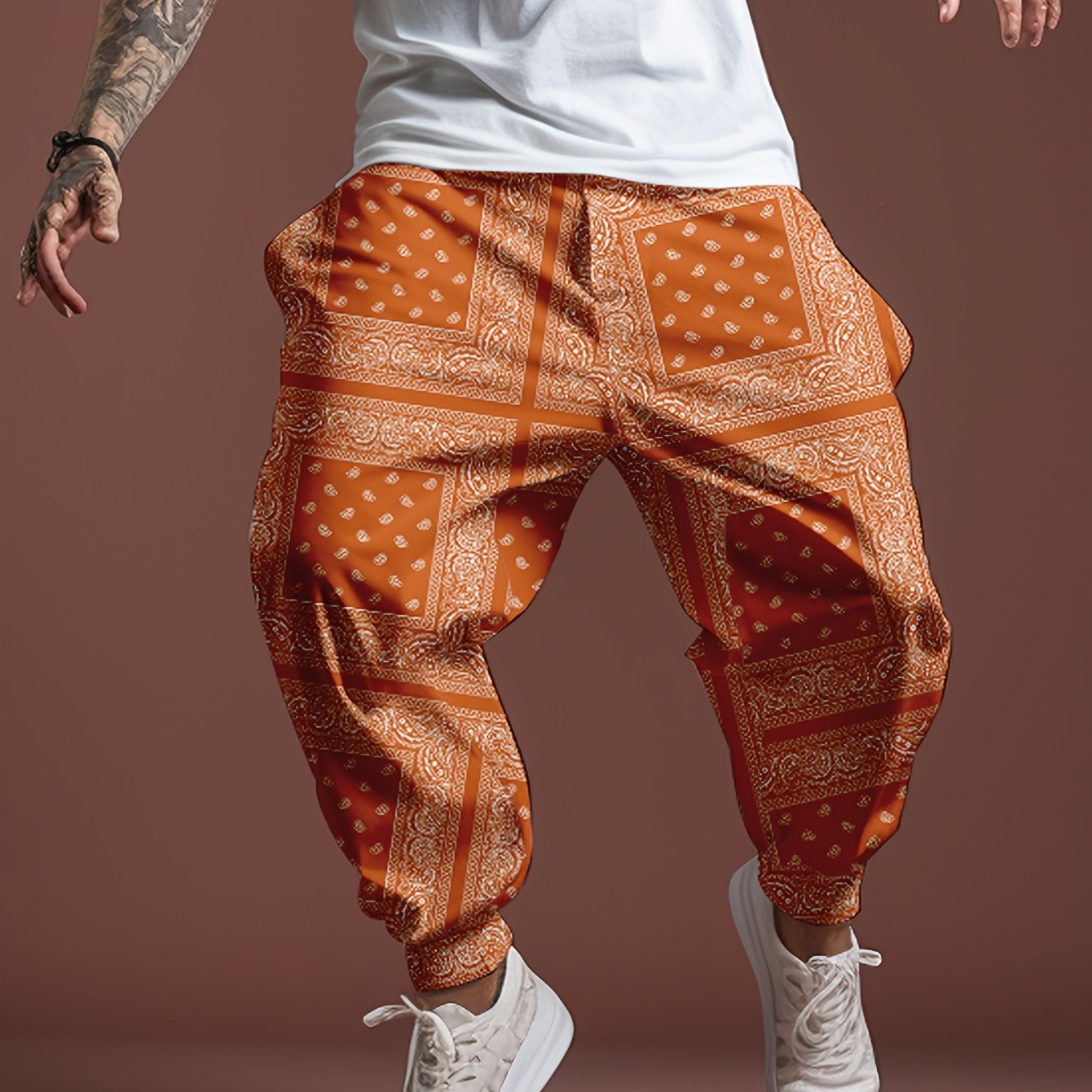 Trendy Orange Decorative Pattern Cargo Pants, Men's Multi Flap Pocket Trousers, Loose Casual Outdoor Pants, Men's Work Pants Outdoors Streetwear Hip Hop Style