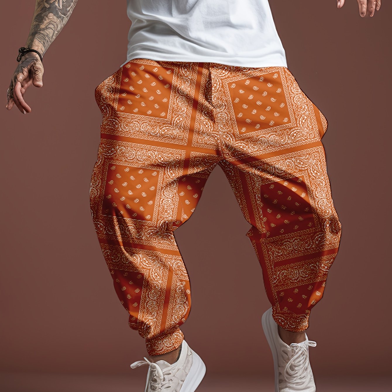 Trendy Orange  Decorative Pattern Cargo Pants, Men's Multi Flap Pocket Trousers, Loose Casual Outdoor Pants, Men's Work Pants Outdoors Streetwear Hip Hop Style