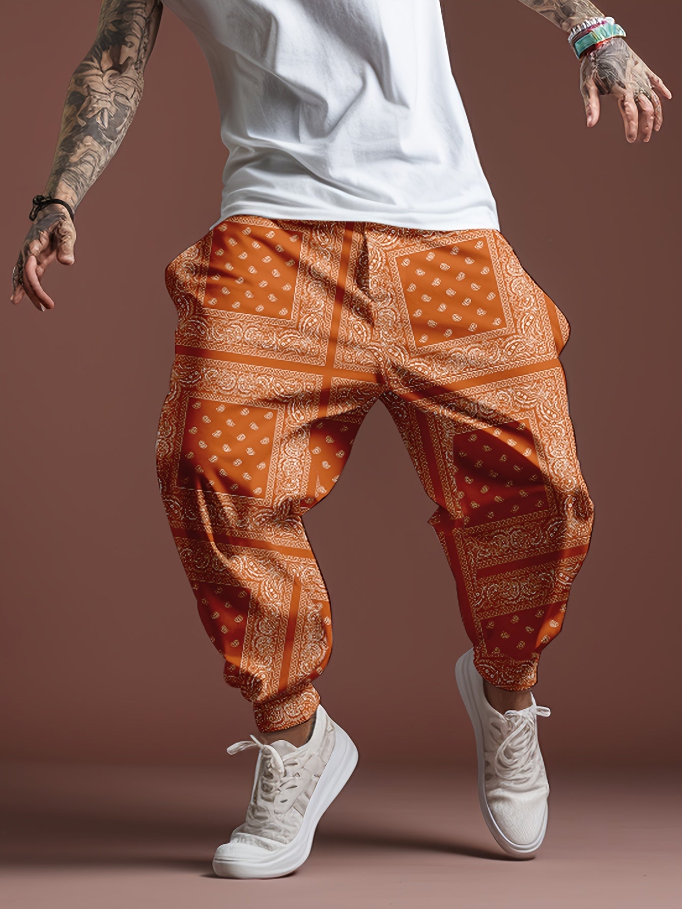 Trendy Orange Decorative Pattern Cargo Pants, Men's Multi Flap Pocket Trousers, Loose Casual Outdoor Pants, Men's Work Pants Outdoors Streetwear Hip Hop Style