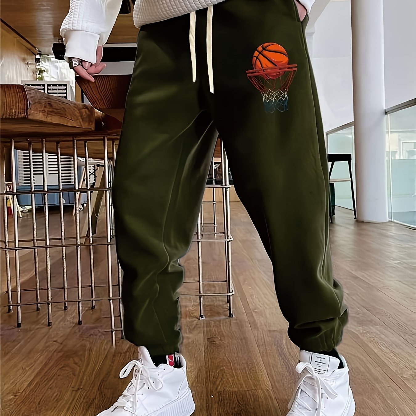 Basketball Print Men's Casual Sports Jogger With Drawstring For All Seasons Outdoor, Men's Leisurewear