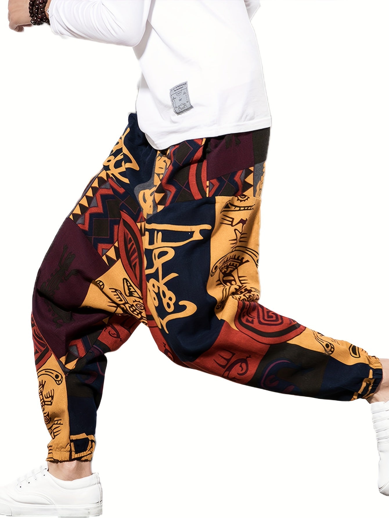 Cotton & Linen Blend Color Block Tribal Pattern Drawstring Harem Pants Loose Fit Pants Men's Casual Joggers For Men Winter Fall Running Jogging