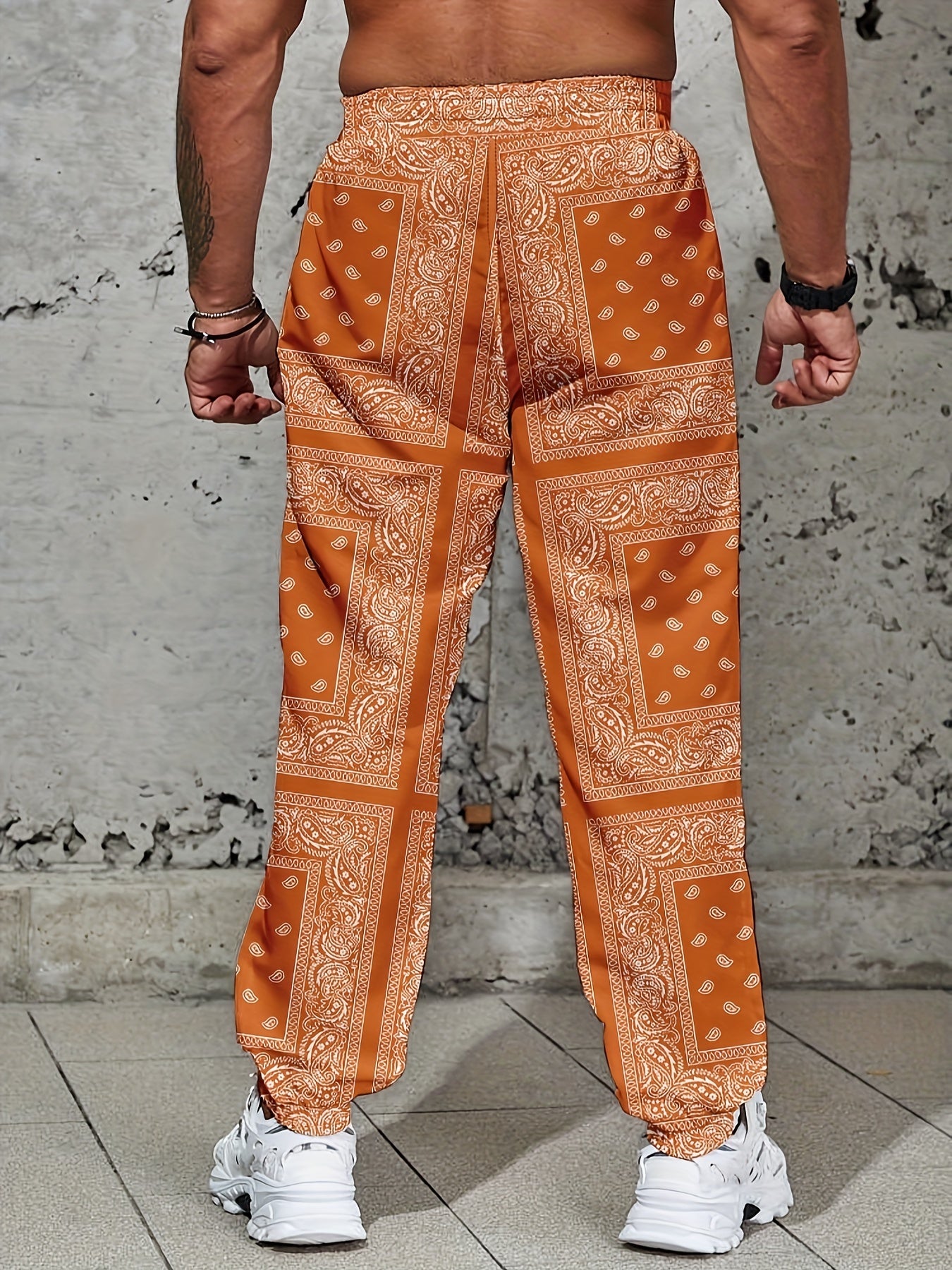 Trendy Orange Decorative Pattern Cargo Pants, Men's Multi Flap Pocket Trousers, Loose Casual Outdoor Pants, Men's Work Pants Outdoors Streetwear Hip Hop Style
