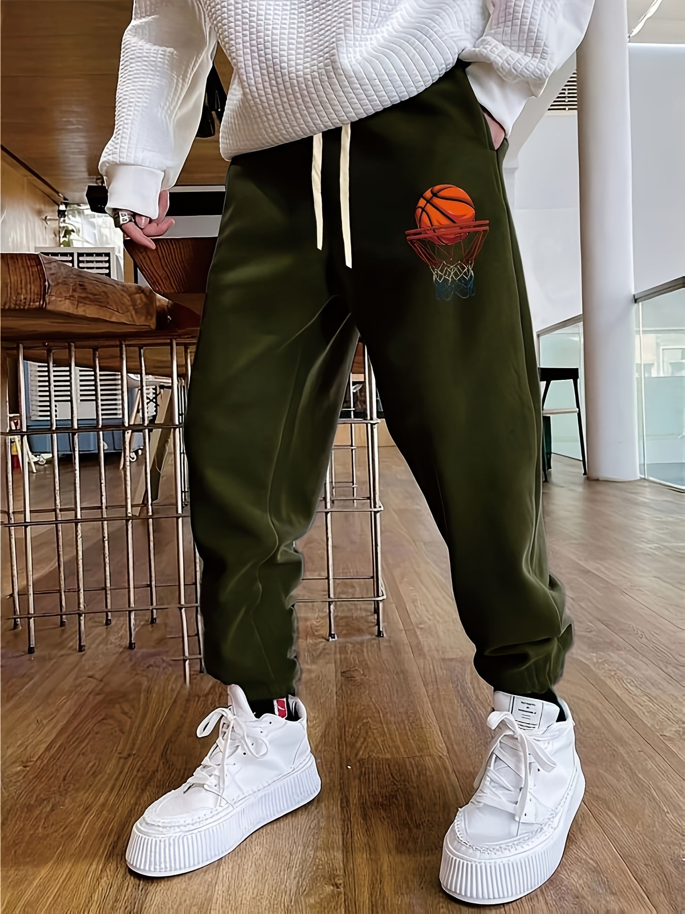 Basketball Print Men's Casual Sports Jogger With Drawstring For All Seasons Outdoor, Men's Leisurewear