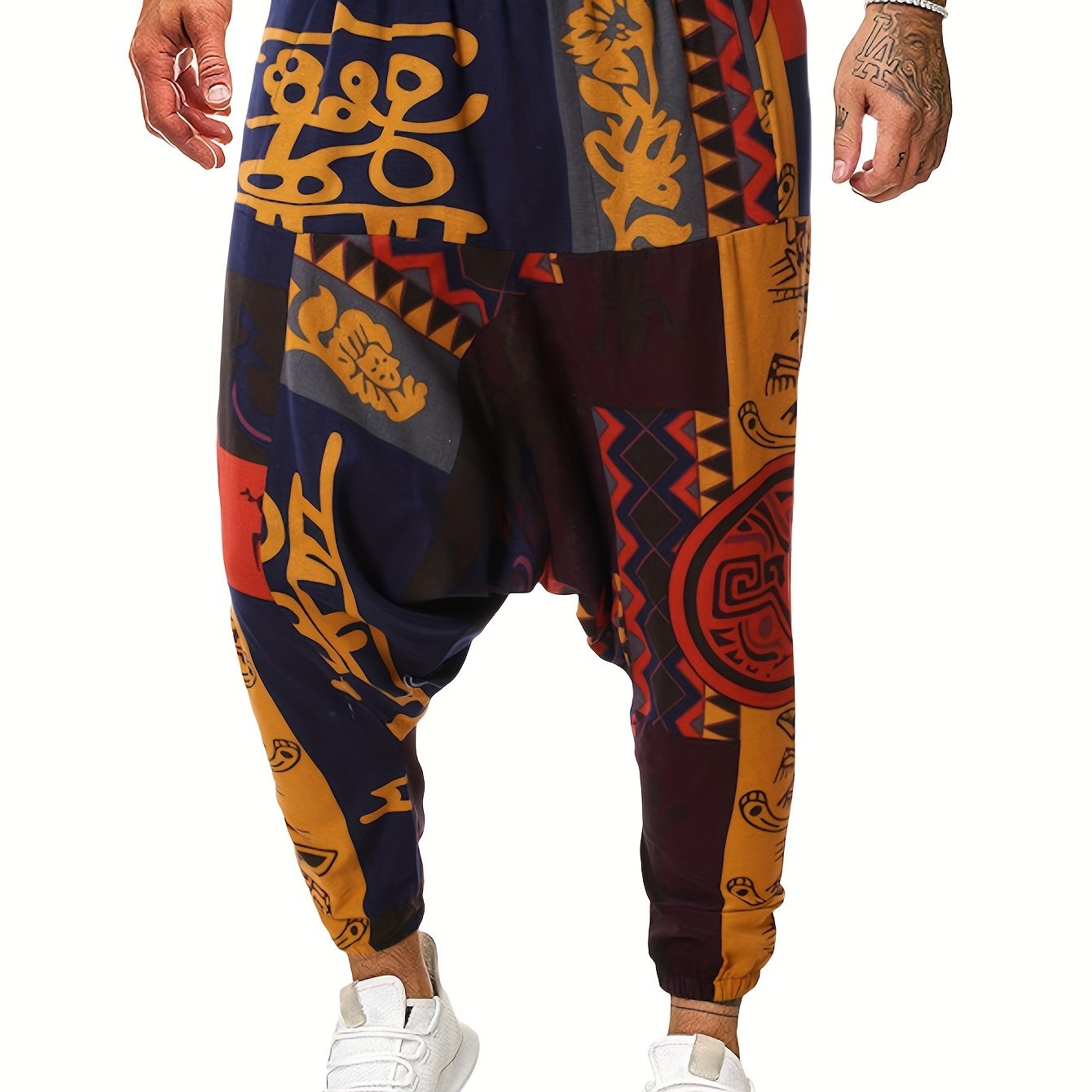 Cotton & Linen Blend Color Block Tribal Pattern Drawstring Harem Pants Loose Fit Pants Men's Casual Joggers For Men Winter Fall Running Jogging