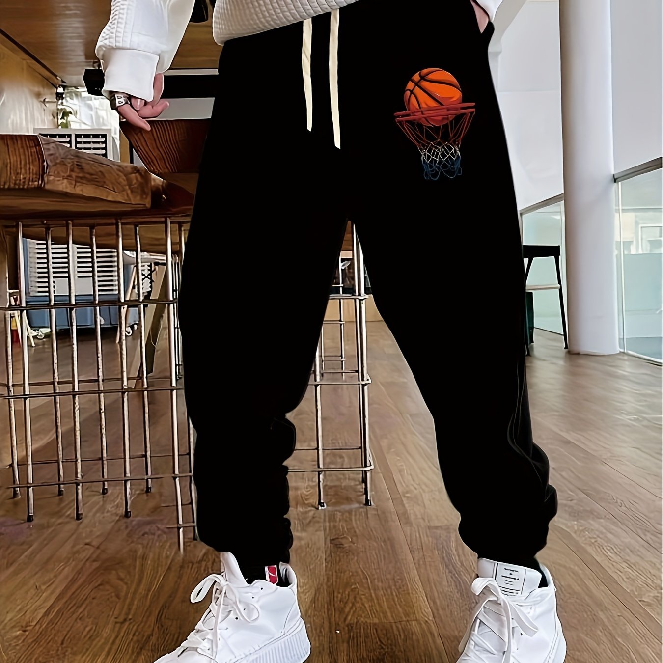 Basketball Print Men's Casual Sports Jogger With Drawstring For All Seasons Outdoor, Men's Leisurewear