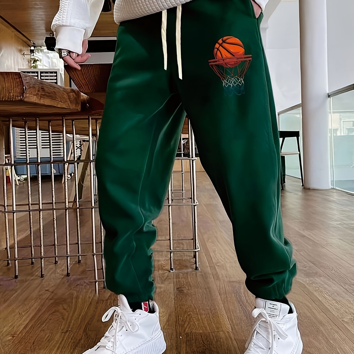 Basketball Print Men's Casual Sports Jogger With Drawstring For All Seasons Outdoor, Men's Leisurewear