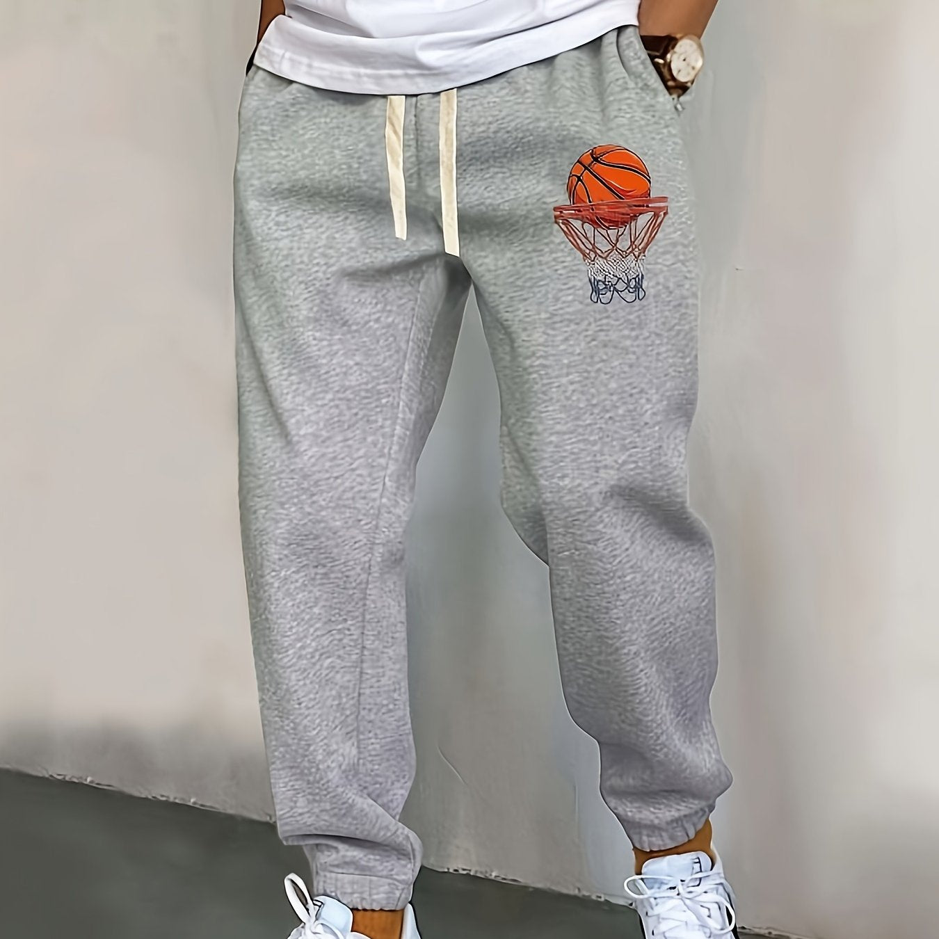 Basketball Print Men's Casual Sports Jogger With Drawstring For All Seasons Outdoor, Men's Leisurewear