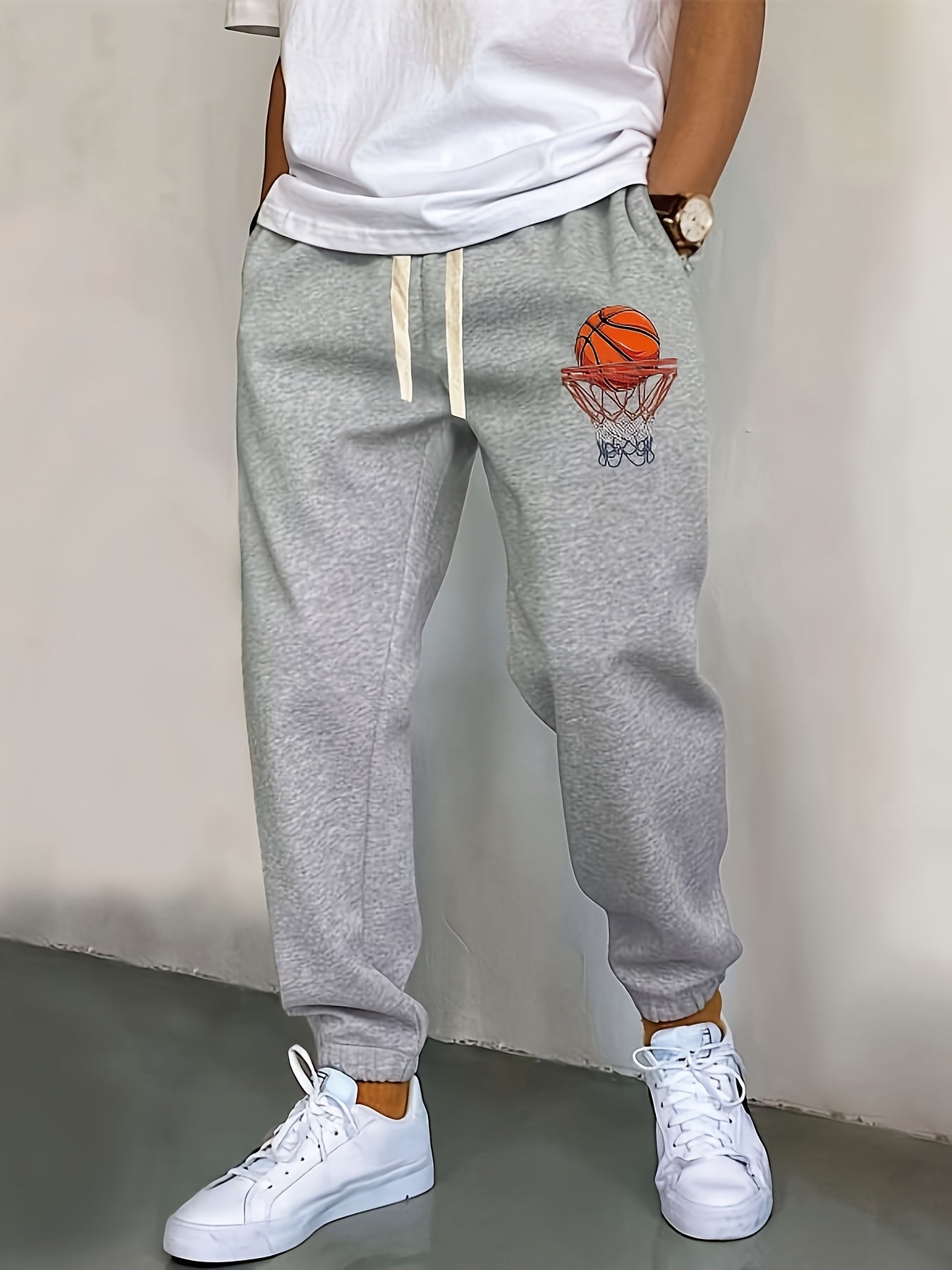 Basketball Print Men's Casual Sports Jogger With Drawstring For All Seasons Outdoor, Men's Leisurewear