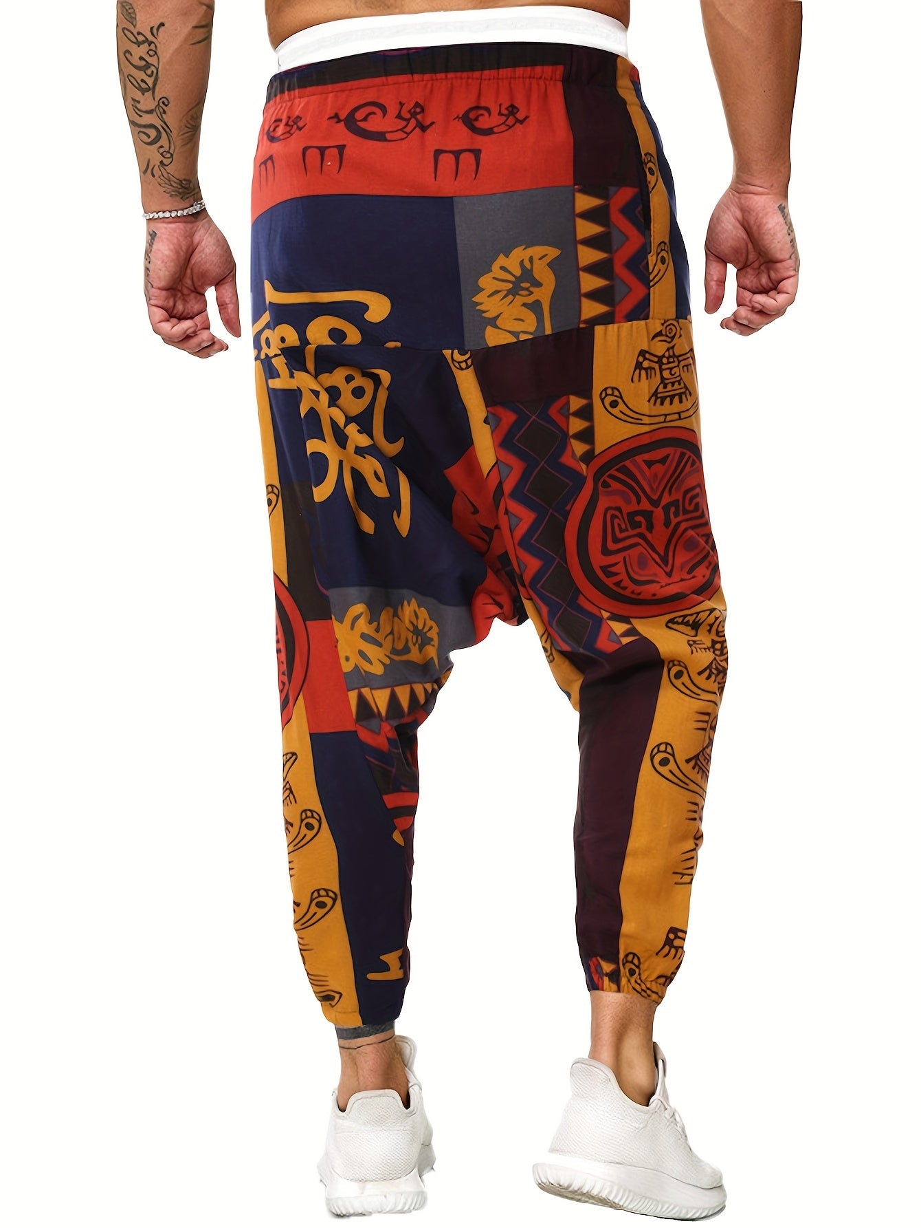 Cotton & Linen Blend Color Block Tribal Pattern Drawstring Harem Pants Loose Fit Pants Men's Casual Joggers For Men Winter Fall Running Jogging