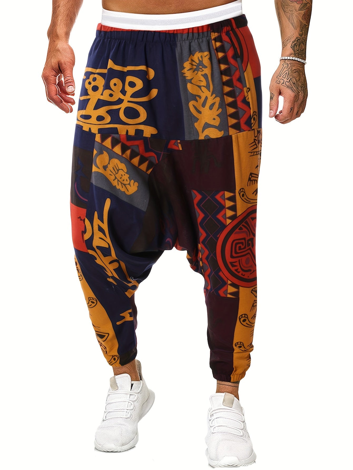 Cotton & Linen Blend Color Block Tribal Pattern Drawstring Harem Pants Loose Fit Pants Men's Casual Joggers For Men Winter Fall Running Jogging